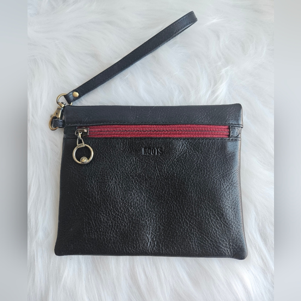 Roots Genuine Leather Black Wristlet with Red Zipper Accent